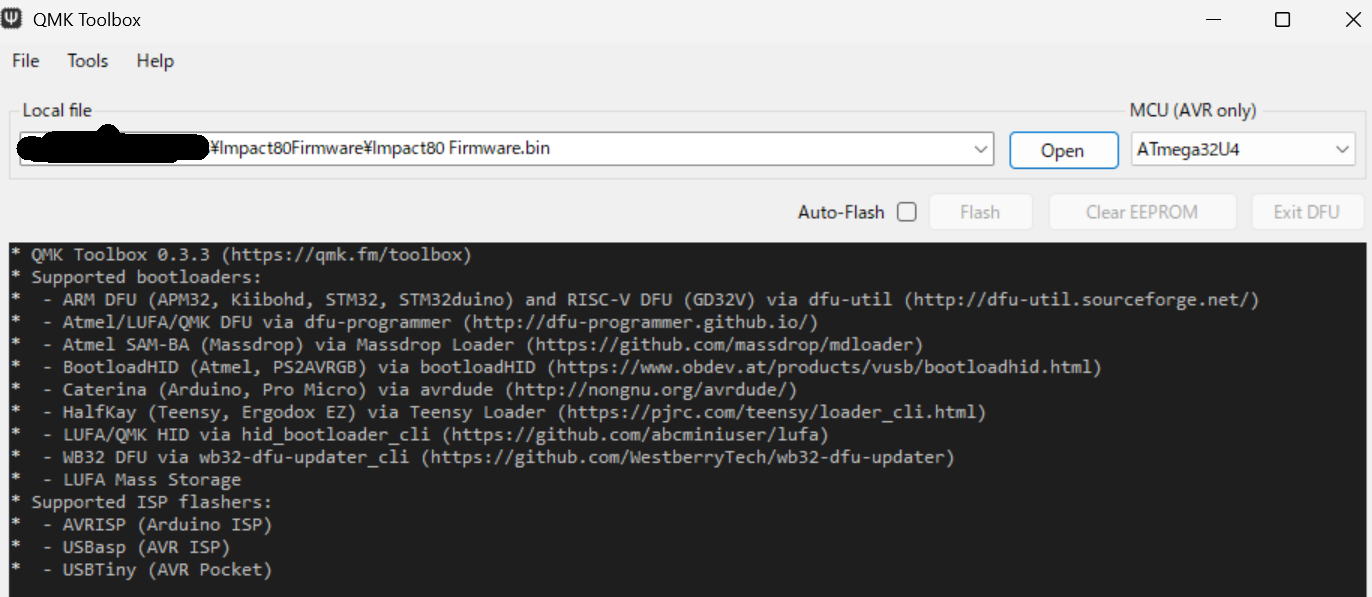 QMK Toolbox にファームウェアを読み込んだ様子